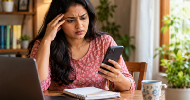 Woman checking a smartphone at a home desk after noticing a possible digital payment mistake