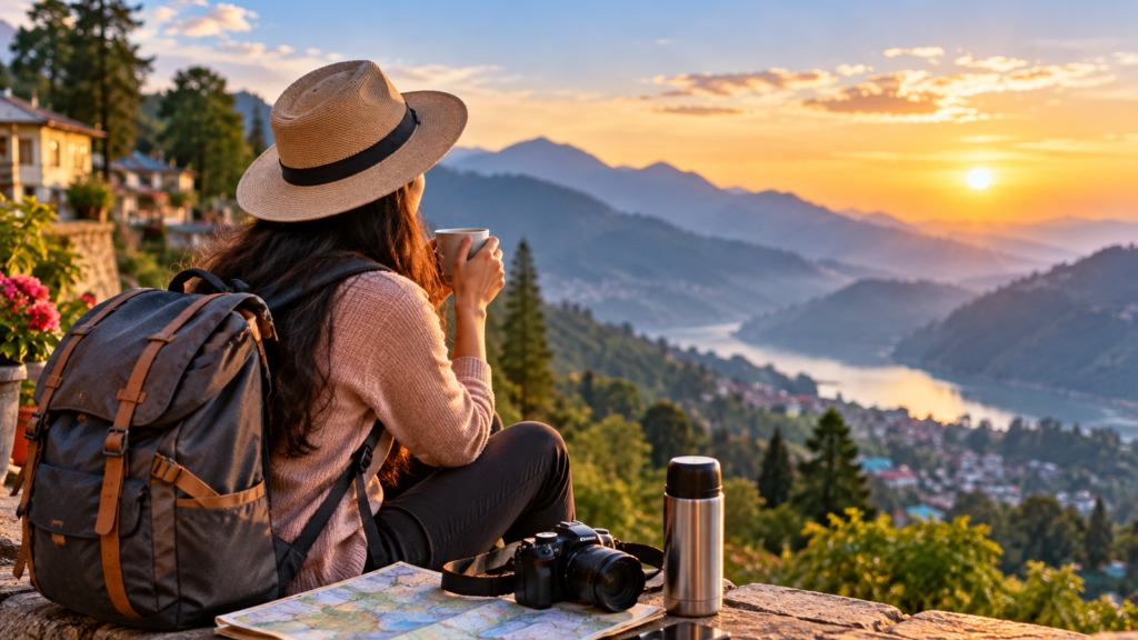 Traveller checking a map and local travel plans while overlooking a mountain valley at sunset