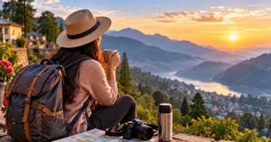 Traveller checking a map and local travel plans while overlooking a mountain valley at sunset