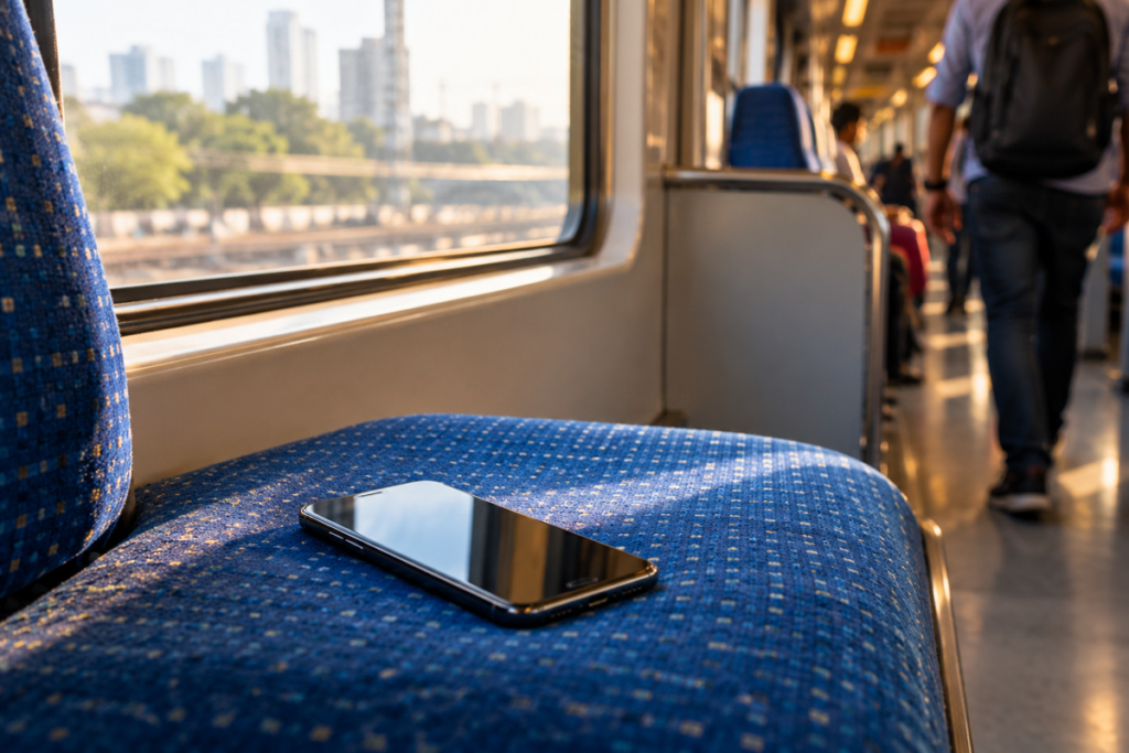 Smartphone left on a blue seat inside a passenger train, illustrating a lost-device situation