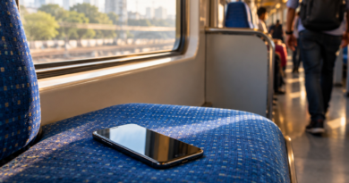 Smartphone left on a blue seat inside a passenger train, illustrating a lost-device situation