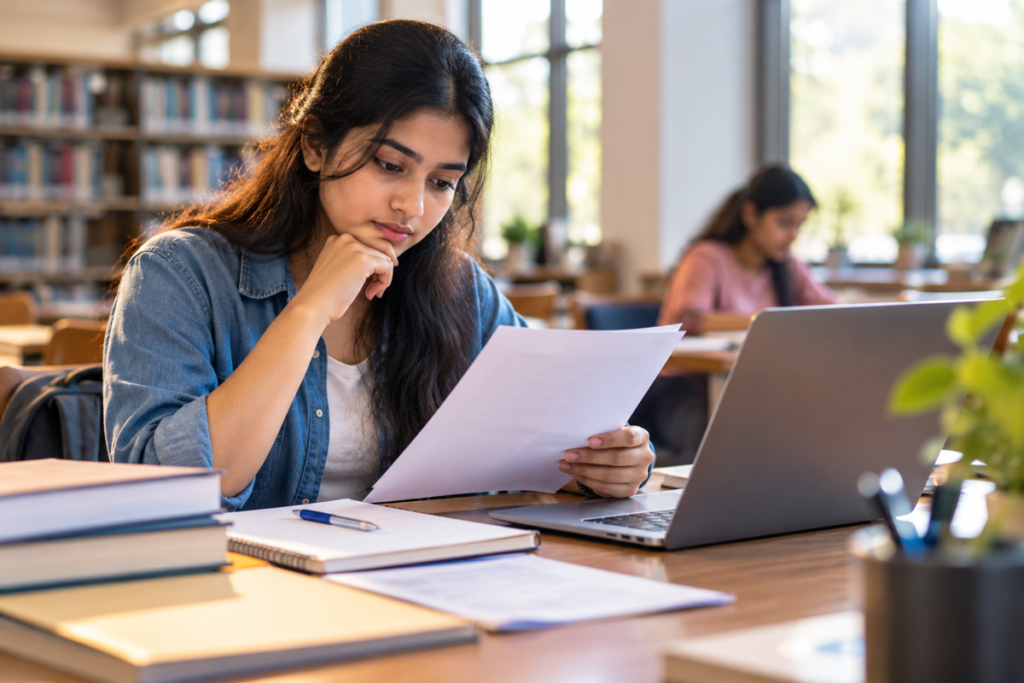 Indian university student reviewing a paper beside a laptop in a library before applying for a scholarship