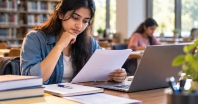 Indian university student reviewing a paper beside a laptop in a library before applying for a scholarship