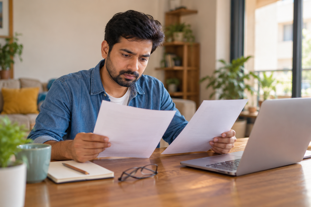 Indian consumer reviewing two financial documents beside a laptop at home, illustrating a credit report correction review