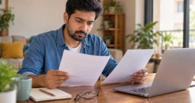 Indian consumer reviewing two financial documents beside a laptop at home, illustrating a credit report correction review