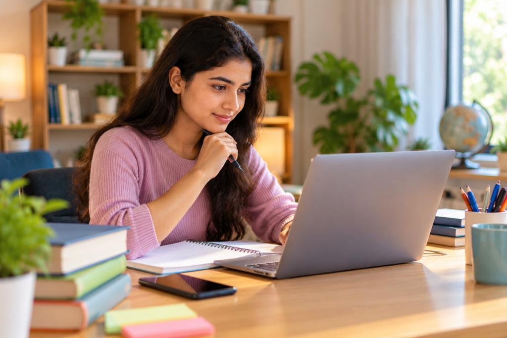 Young Indian job seeker studying at a laptop in a bright home workspace while organising notes and project material