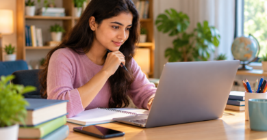 Young Indian job seeker studying at a laptop in a bright home workspace while organising notes and project material