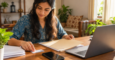 Indian woman sorting paper documents beside a laptop and smartphone in a sunlit home office