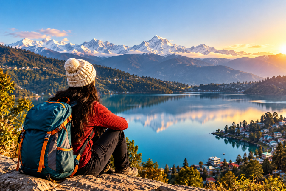 Hiker with a backpack overlooking a mountain lake and distant snowy Himalayan peaks at golden hour