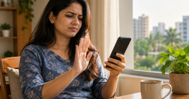 Indian woman refusing an unwanted call while checking a smartphone at home