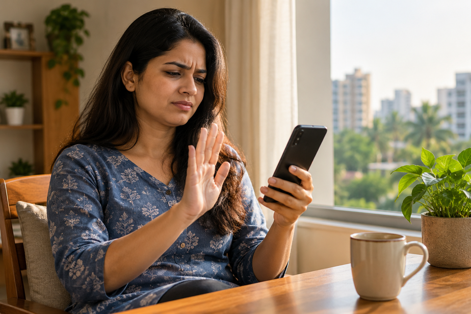 Indian woman refusing an unwanted call while checking a smartphone at home