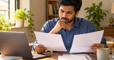 Indian employee reviewing paper salary records at a sunlit desk beside a laptop