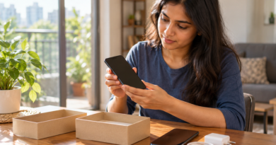 Indian woman checking an unbranded smartphone beside another phone and empty boxes before a device handover
