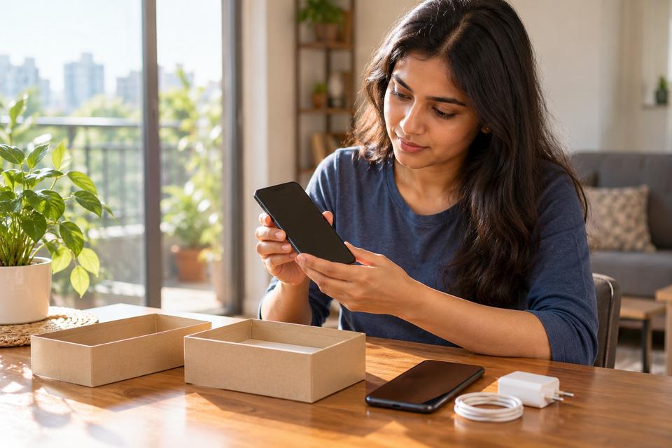 Indian woman checking an unbranded smartphone beside another phone and empty boxes before a device handover