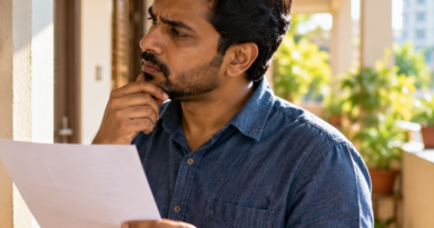 Indian man thoughtfully checking a blank paper utility bill in a sunlit residential corridor
