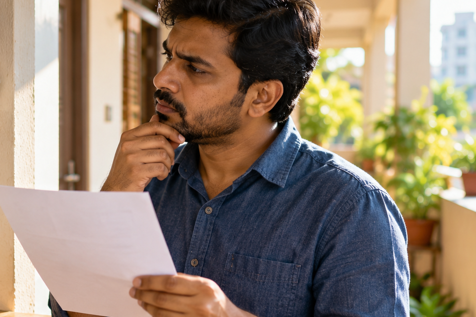 Indian man thoughtfully checking a blank paper utility bill in a sunlit residential corridor