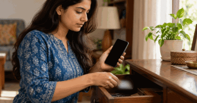 Indian woman securing an identification card in a drawer while holding a dark smartphone at home