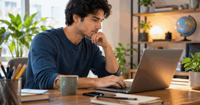 Person reviewing a consumer-service issue on a laptop at a quiet home office desk