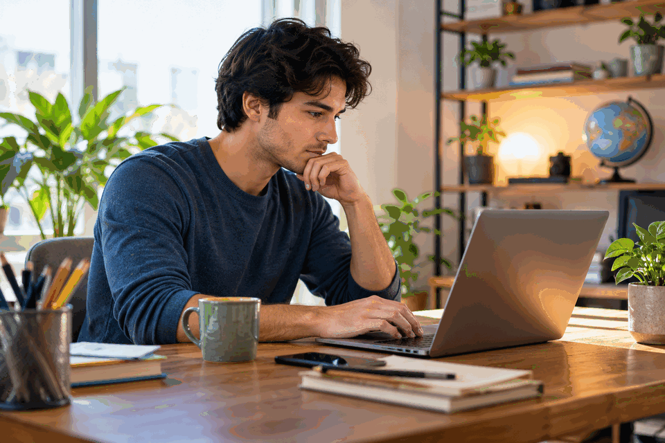 Person reviewing a consumer-service issue on a laptop at a quiet home office desk