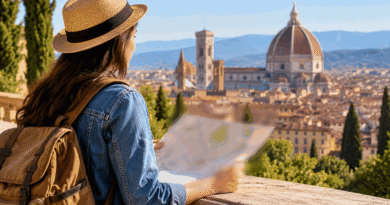 Traveller studying a paper city map overlooking a European cathedral and historic skyline