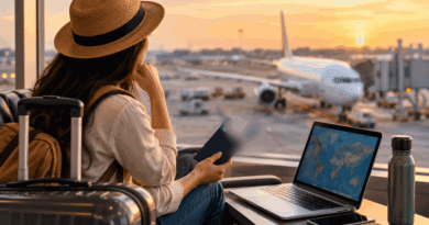Air passenger waiting beside luggage and a laptop at an airport overlooking an aircraft at sunset