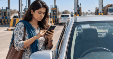 Indian driver checking a smartphone beside a silver car at a highway toll plaza