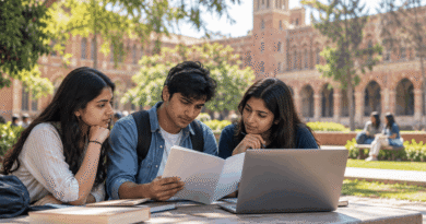 Three students reviewing a blank brochure and laptop at an outdoor university campus table