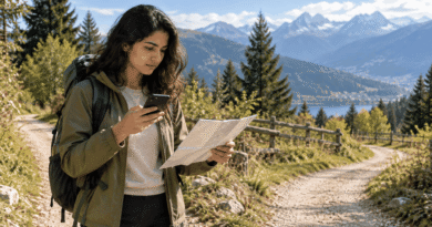 Traveller comparing a dark smartphone with a folded paper map on a mountain trail overlooking a valley