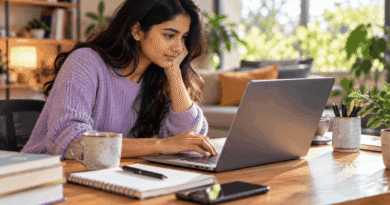 Woman checking a laptop at a home desk with a smartphone nearby while reviewing digital files
