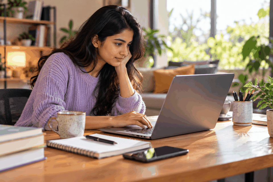 Woman checking a laptop at a home desk with a smartphone nearby while reviewing digital files