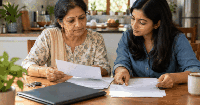 Two women at a home table reviewing blank paperwork together in natural daylight