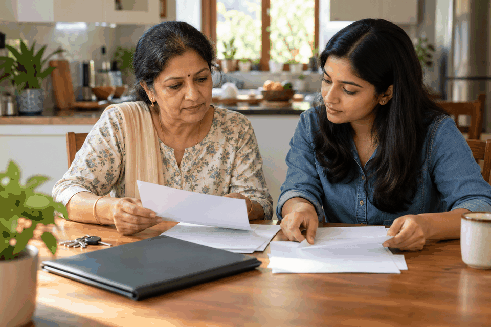 Two women at a home table reviewing blank paperwork together in natural daylight