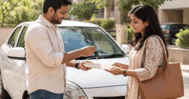 Two adults exchanging car keys and blank documents beside an unbranded white car in an Indian residential parking area