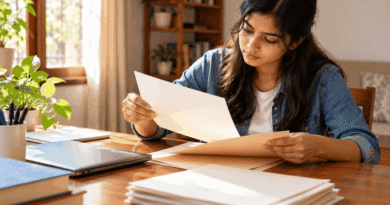 Indian student examining a blank sheet from a folder at a sunlit study desk with a closed laptop