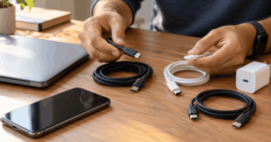 Hands comparing two unbranded USB-C cables beside a laptop and smartphone on a wooden desk