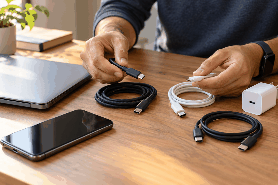 Hands comparing two unbranded USB-C cables beside a laptop and smartphone on a wooden desk