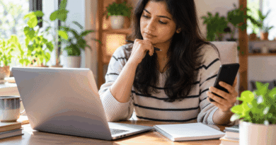 Person thoughtfully checking a dark-screen smartphone beside an open laptop at a sunlit home-office desk