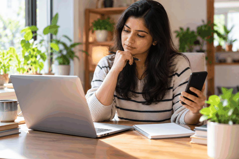 Person thoughtfully checking a dark-screen smartphone beside an open laptop at a sunlit home-office desk
