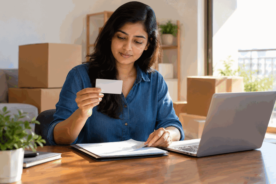 Indian woman at a sunlit apartment desk reviewing a blank card and paperwork beside moving boxes and a laptop