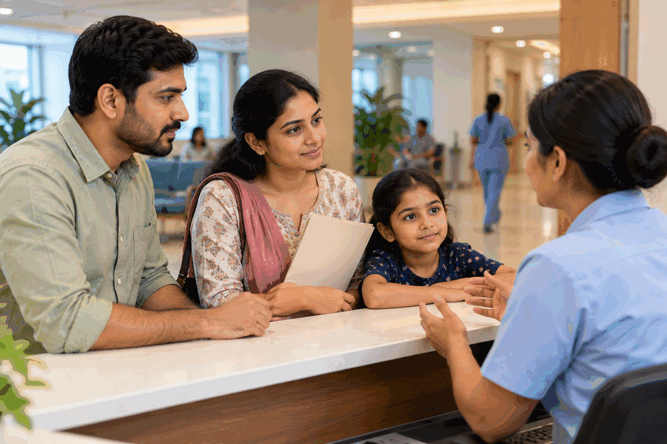 Indian family speaking with a healthcare receptionist in a bright clinic about planned hospital care