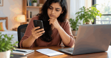 Young Indian job applicant thoughtfully reviewing a smartphone beside a laptop and notebook in a home office
