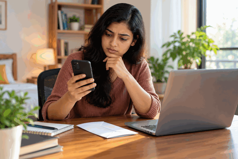 Young Indian job applicant thoughtfully reviewing a smartphone beside a laptop and notebook in a home office