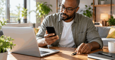 Man at a bright home office desk checking a phone and hardware security key beside a laptop