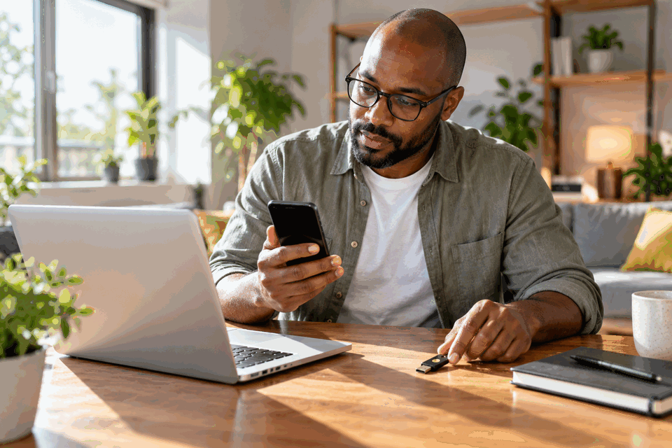 Man at a bright home office desk checking a phone and hardware security key beside a laptop