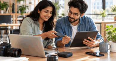 Two colleagues in a bright shared workspace reviewing a tablet and portable drive beside a laptop