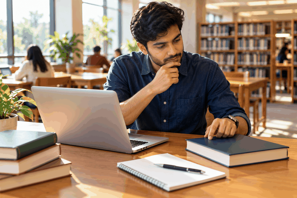 Student in a sunlit library comparing a closed reference book with information on a laptop