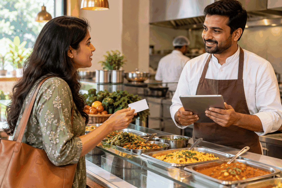 Customer speaking with a food-service worker at a clean Indian restaurant counter displaying prepared dishes