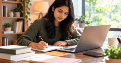 Woman working carefully with a notebook and laptop at a quiet desk while preparing documents