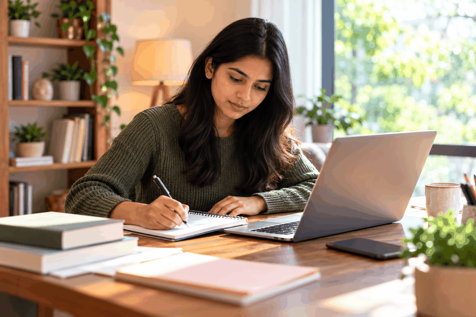 Woman working carefully with a notebook and laptop at a quiet desk while preparing documents