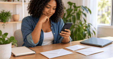 Woman checking a smartphone beside blank envelopes and a closed laptop at a bright home-office table